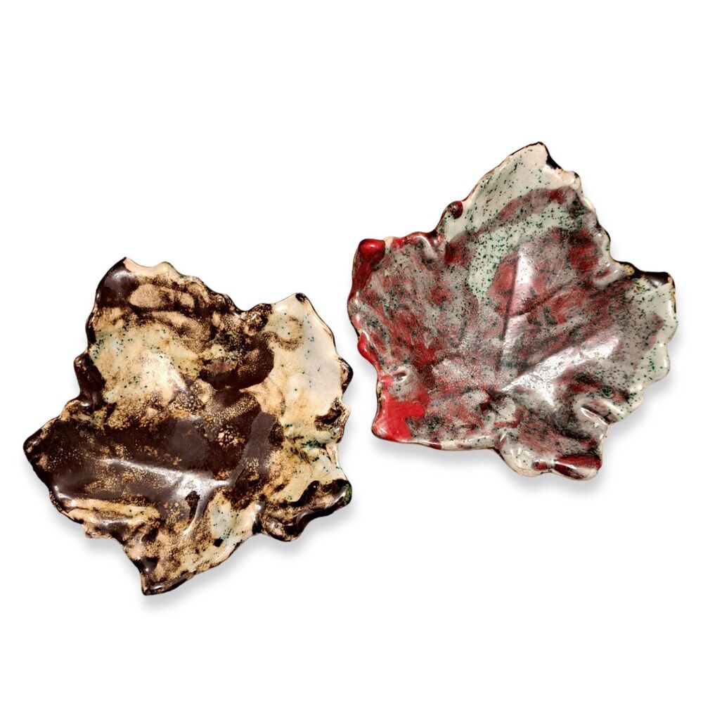 Handmade Set Of 2 Decorative Glazed Plates Leaf Shape Multicolor